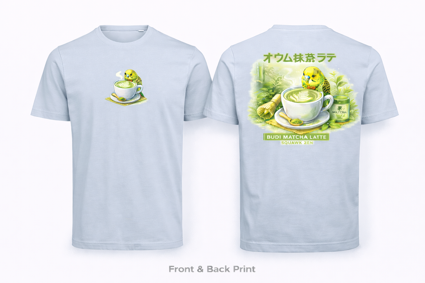 🍵🦜 Budi Matcha Latte T-shirt – Squawk Zen