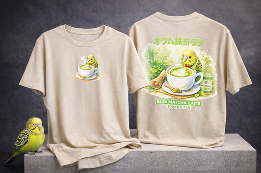🍵🦜 Budi Matcha Latte T-shirt – Squawk Zen