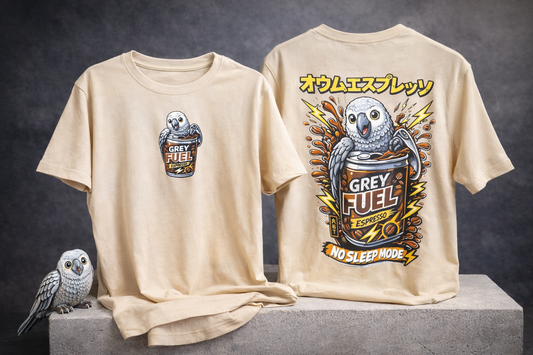 ☕🦜 Grey Fuel T-shirt – No Sleep Mode