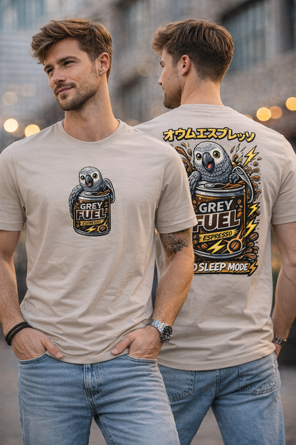 ☕🦜 Grey Fuel T-shirt – No Sleep Mode